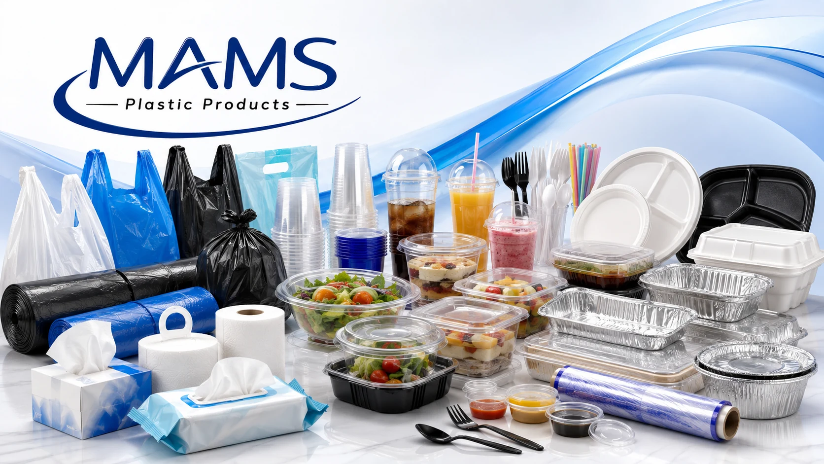 מגוון רחב של מוצרי MAMS: פלסטיק, ניילון, שקיות, כוסות, אריזות, אלומיניום ומוצרי נייר